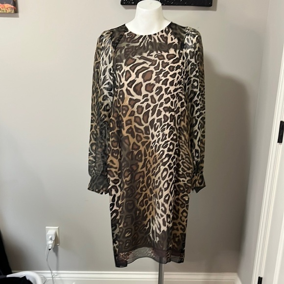 LUISA CERANO Leopard Silk Chiffon Dress Brown Cream Knee Length Shift Sz M - Picture 5 of 13